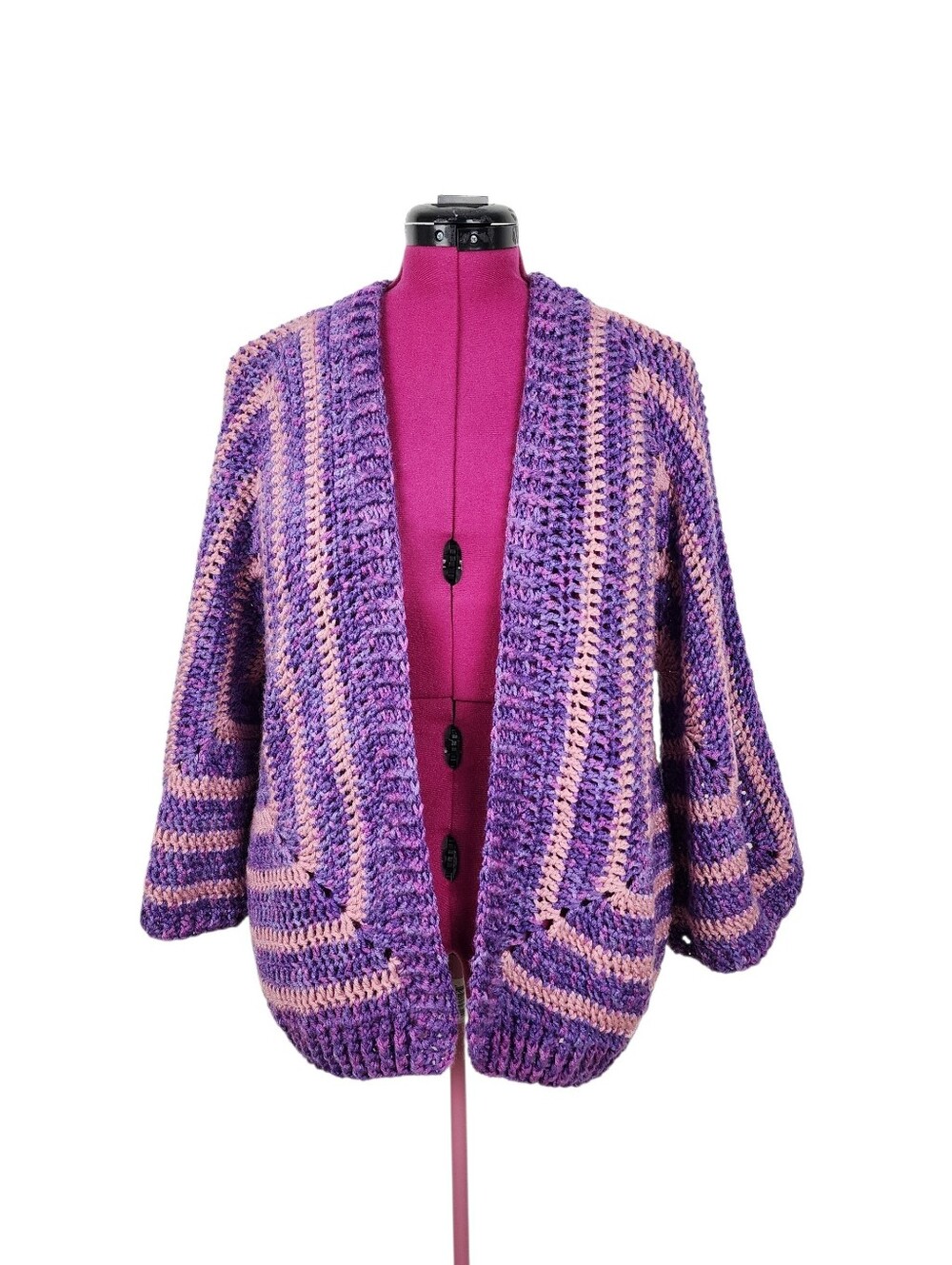 Handmade Crochet Open-Front Cardigan in Purple and Pink Geometric Boho Sweater